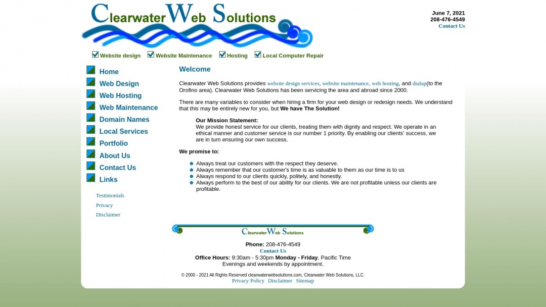 Screenshot of Clearwater Web Solutions, LLC.'s Website