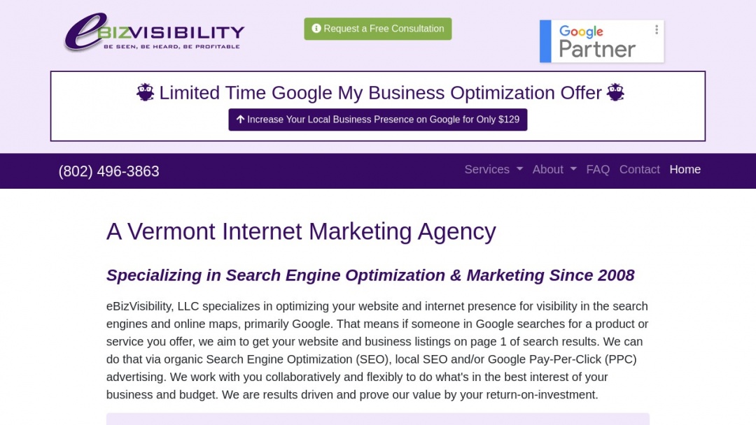 Screenshot of eBizVisibility, LLC's Website