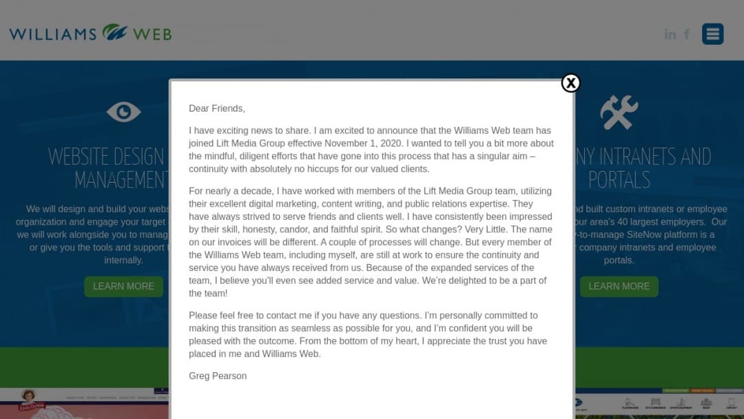 Screenshot of Williams Web, LLC's Website