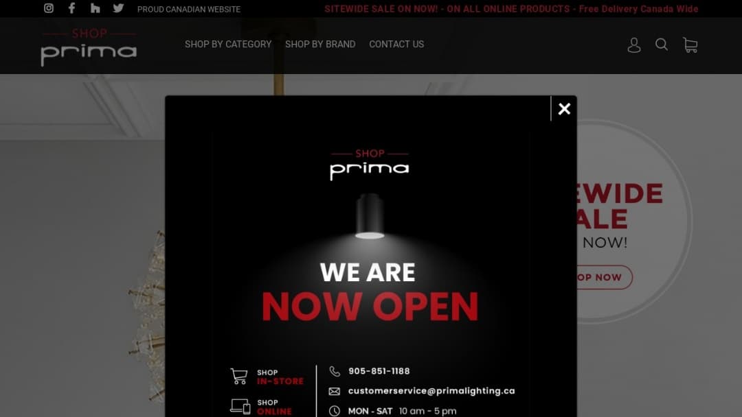 Screenshot of Prima Lighting's Website