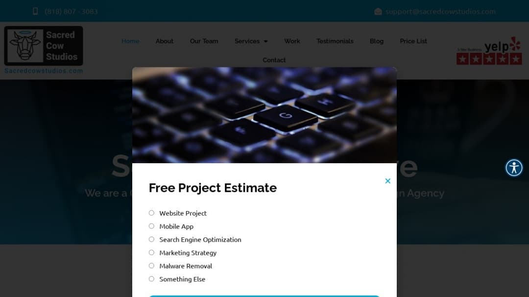 Screenshot of Sacred Cow Studios's Website