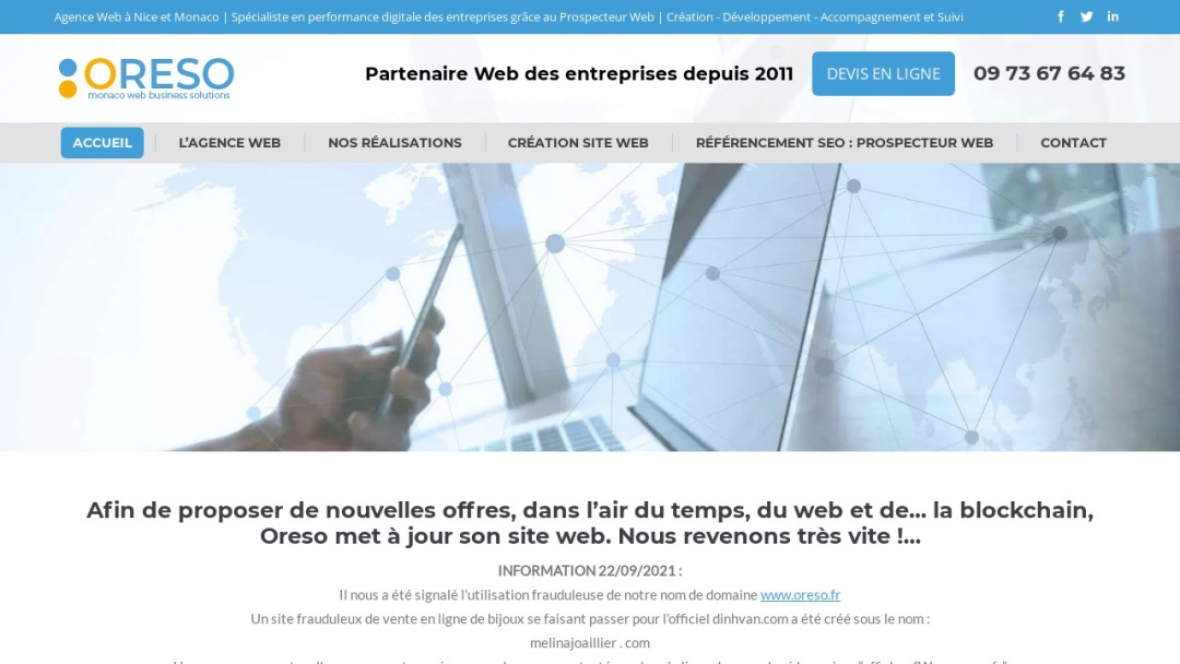 Screenshot of ORESO Créateur de site internet et de solutions web entreprise's Website