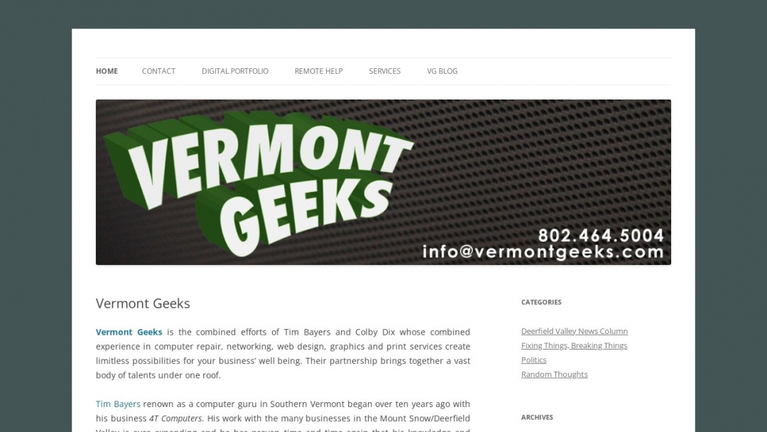 Screenshot of Vermont Geeks's Website